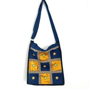 Denim + Silk Mirrorwork Satchel Bag Messenger Crossbody Zip Compartment Boho